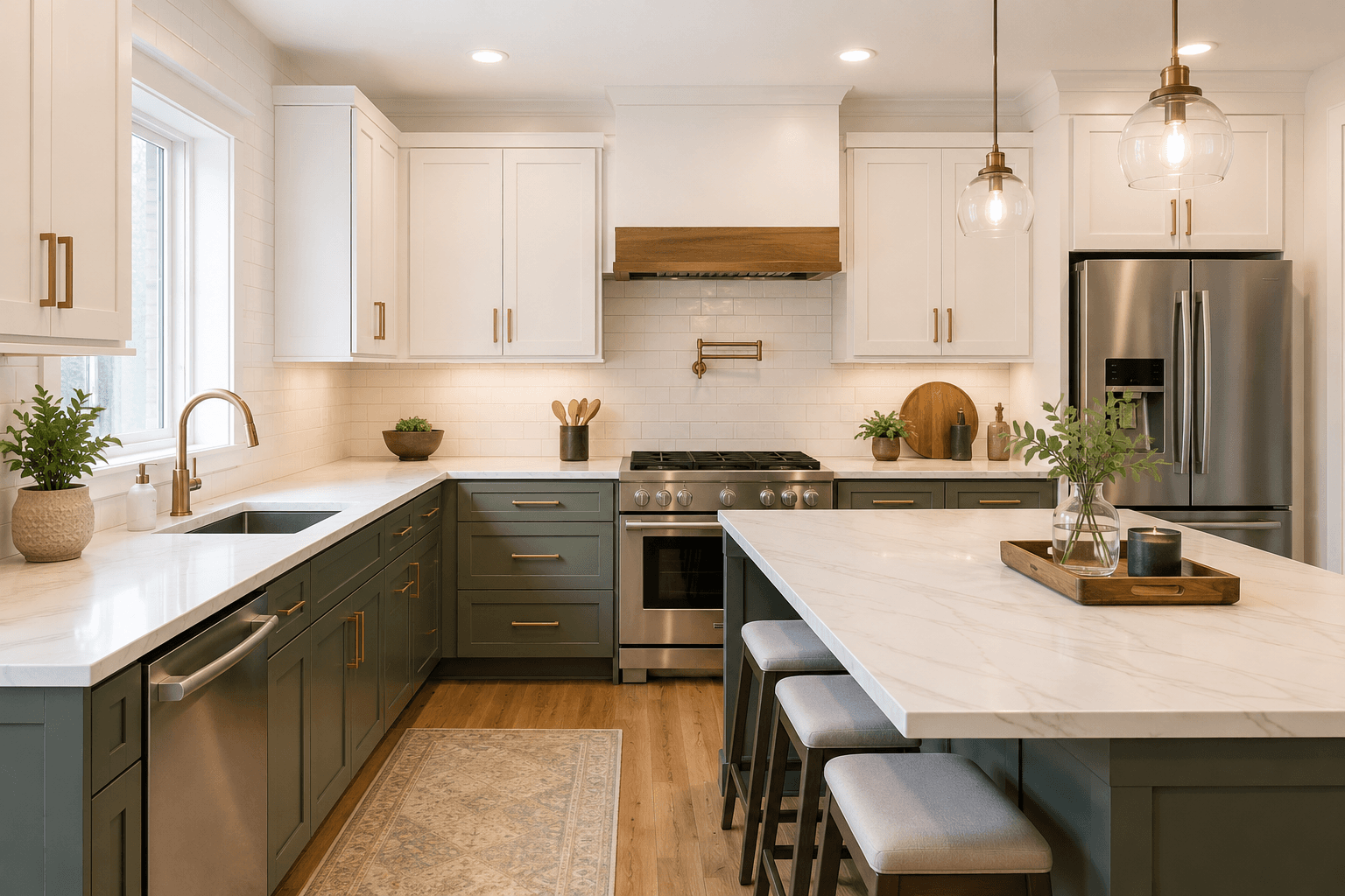 A newly renovated kitchen with fresh cabinets and countertops on the day the renovation was completed.