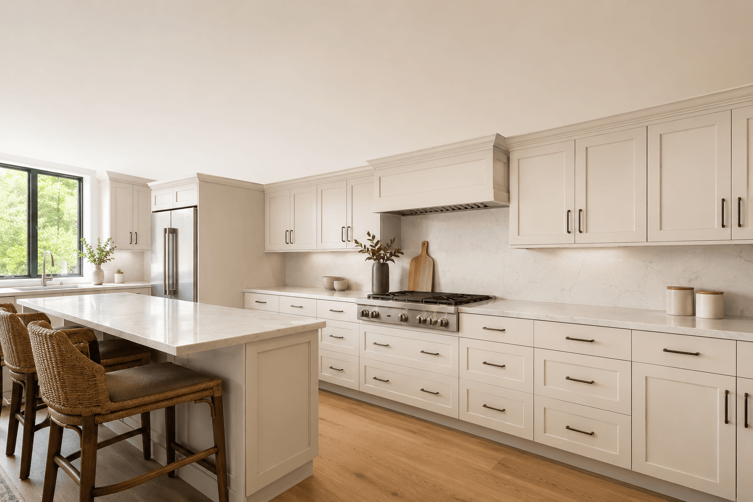 Shaker-style off-white kitchen cabinets with brushed hardware, an example of a refaced kitchen.